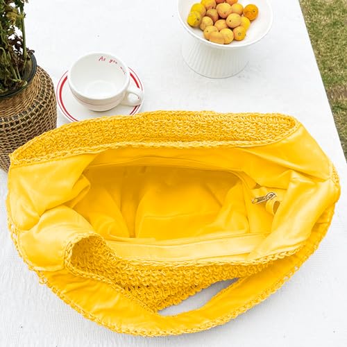 Hand-woven Soft Large Straw Shoulder Bag Boho Straw Handle Tote Retro Summer Beach Bag Rattan Handbag - color: Yellow