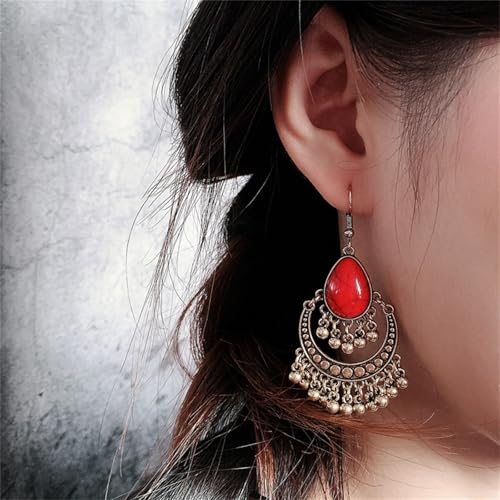 Handmade Teardrop Turquoise Earrings Necklace Set for Women Bohemia Tribal Antique Ethnic Style Earring Delicate Teardrop Gemstone Dangle Drop Statement Earrings Western Jewelry - color: Red Tassel
