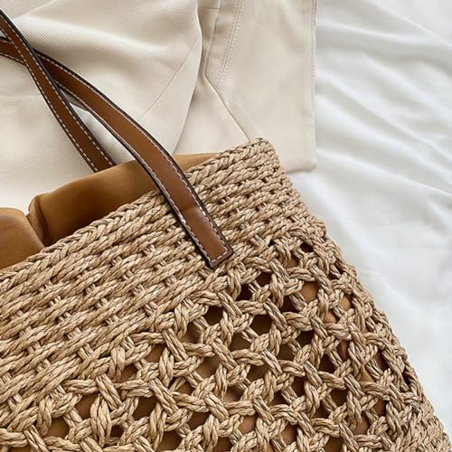 Stylish Boho Straw Tote Bag Hand-woven Purse Beach Handbag Summer Shoulder Bag With Adjustable Strap - color: Khaki