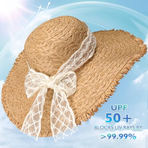 Womens Beach Sun Straw Hat, Wide Brim Sun Hat Travel Foldable Summer Wind Lanyard UPF 50+ - color: Khaki With Lace