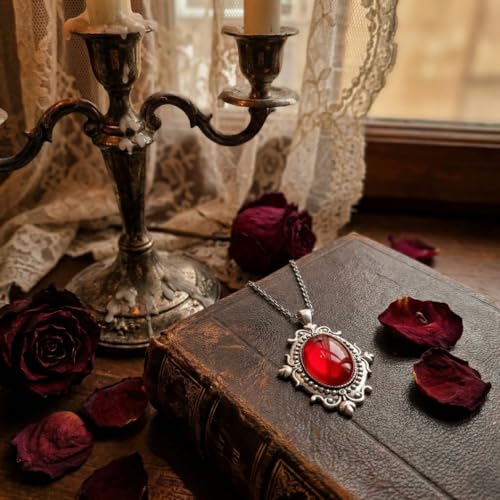 Gothic Vintage Gem Pendant Necklace | Victorian Style Filigree Silver-Tone Jewelry | Ideal Gift for Party Cosplay & Daily Wear - color: Red