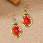 Handmade Teardrop Turquoise Earrings Necklace Set for Women Bohemia Tribal Antique Ethnic Style Earring Delicate Teardrop Gemstone Dangle Drop Statement Earrings Western Jewelry - color: Red