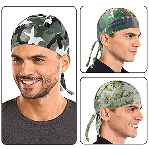 DOCILA 3 Pcs Do Rags for Men Skull Cap Bandana Hat Breathable Helmet Linner Beanie - color: Greykhakigreen