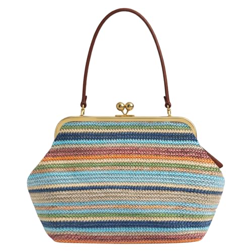 Kiss Lock Woven Bag, Large Capacity Straw Rainbow Handbags for Vacation Travel Shopping, Summer Straw Shoulder Bags - color: Style 1
