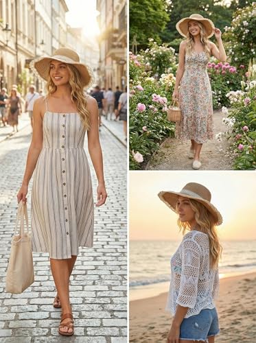 Beach Hats for Women - Beach Hat Womens UPF 50+ Lace Ribbon,Packable Sun Hat Women,Straw Hat for Women 2026 - color: Khaki