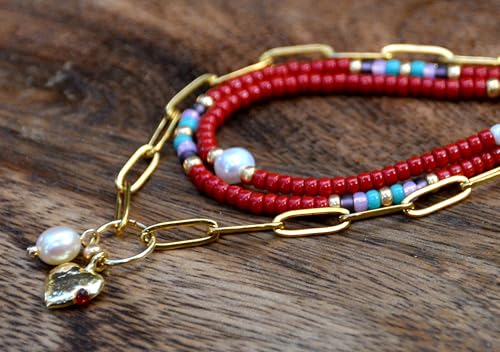 Beaded Choker Necklace for women and Teen Girls, Boho Bohemian Adjustable Colorful Seed Beads Necklace, Handmade Native American Style Jewelry by TRIBES - color: Burgundy Multicolor, style: Set of 3 Necklaces