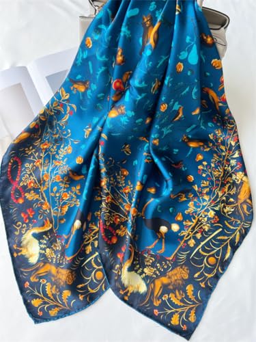 100% Pure Mulberry Silk Scarf 43”*43” Large Square Lightweight Headscarf Women’s Hair Wraps Shawls with Gift Packed - color: Blue Flower Bird