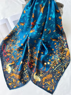 100% Pure Mulberry Silk Scarf 43”*43” Large Square Lightweight Headscarf Women’s Hair Wraps Shawls with Gift Packed - color: Blue Flower Bird