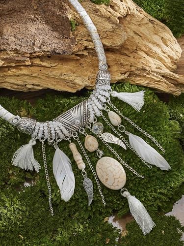 MINACHI Bohemian Feather Tassel Necklace, Irregular Stone Beads, Retro Exotic Pattern, Women's Jewelry - style: Necklace SL13-014