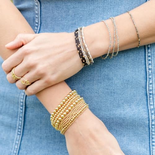 Dainty Gold Colorful Beaded Bracelets Stack for Women,4PCS Cute Bohemian Colorful Small Beads Stackable Stretch Bracelet Set Trendy Holiday Party Accessories Jewelry Gift Friendship - color: Black Grey