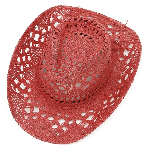 Men & Women's Summer Cowboy Cowgirl Straw Hat Hollow Out Woven Roll Up Wide Brim Sun Hat with Chin Strap - color: Red