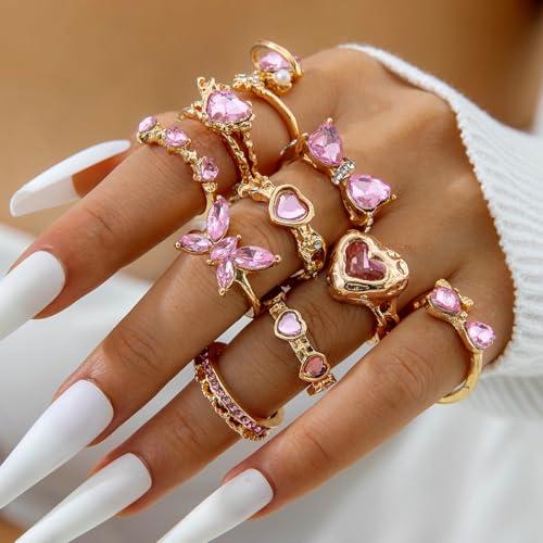 10 Pcs Sparkling Rhinestone Stackable Rings Set Vintage Pink Crystal Heart Butterfly Rings Set Bowknot Knuckle CZ Rings Wedding Prom Party Finger Jewelry Accessaries for Women - color: Gold