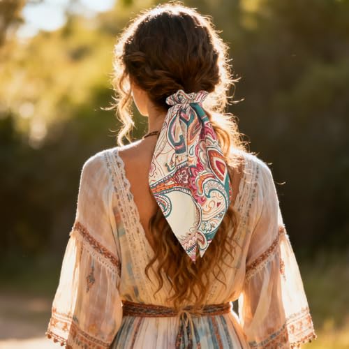 Boho Hair Scarf Scrunchies for Women Bow Hair Ties Floral Hair Scrunchies Silk Elastic Ponytail Holder Hair Accessories for Girls 4 pcs (Boho) - color: Boho