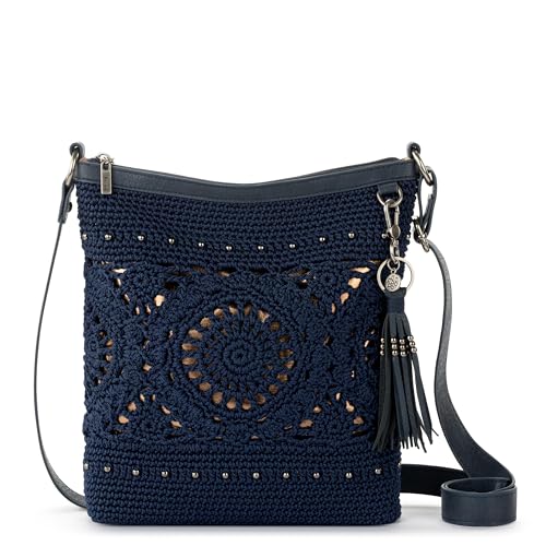 The Sak Lucia Crossbody Bag in Crochet, Convertible Purse with Adjustable Shoulder Strap - color: Denim Medallion