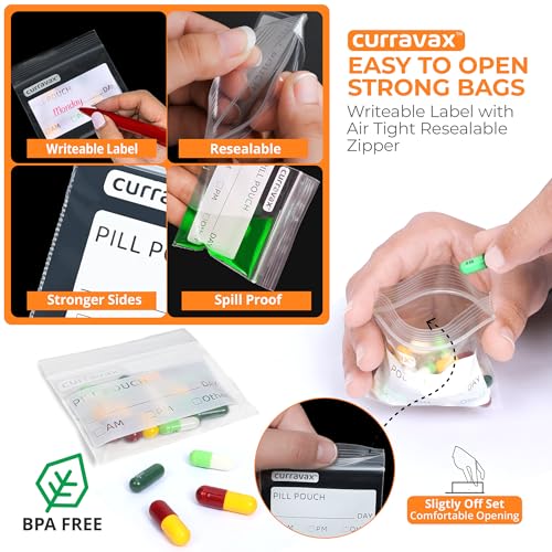 CURRAVAX Pill Bags Pack of 225- BPA Free 3 x 2.75 inch Pill Pouch - Pill Pouches for Medicine with Write on Label –Clear Ziplock Pill Baggies for Travel Medicine Organizer - size: Pack of 225