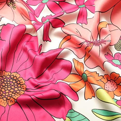 AWAYTR 35” Silk Scarf for Women Large Head Scarf Square Hair Scarf Satin Hair Bandana Printed Silk Sleeping Head Wrap - color: Colorful Flower(rose Red)