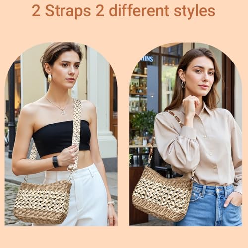 Herald Small Summer Crossbody Bags for Women, Beach Handmade Straw Woven Pocketbooks Handbag Shoulder Purse - color: Coffee With Gold Thread