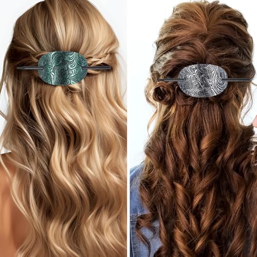 cobee 6 Pcs Leather Hair Barrettes with Stick, Handmade Hairpin Ponytail Holders Bohemian Hairs Barrette with Wood Slide Stick Square Shape Hair Accessories for Women