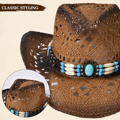 Straw Cowboy Hat for Men Womens Straw Cowgirl Hat Summer Western Cowboy Hats with Wide Brim for Cowgirls and Cowboys - color: Brown 3#