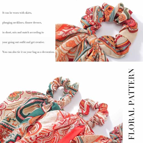 Boho Hair Scarf Scrunchies for Women Bow Hair Ties Floral Hair Scrunchies Silk Elastic Ponytail Holder Hair Accessories for Girls 4 pcs (Boho) - color: Boho