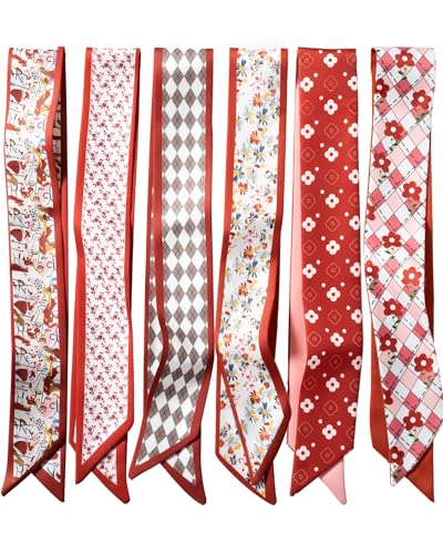 ZXZH 6 Pack Fashion Scarves for Women, Versatile Boho Head Scarf, Satin Scarf for Hair, Neck, Wrist, and Purse Accessories - color: Vintage Rust/Red