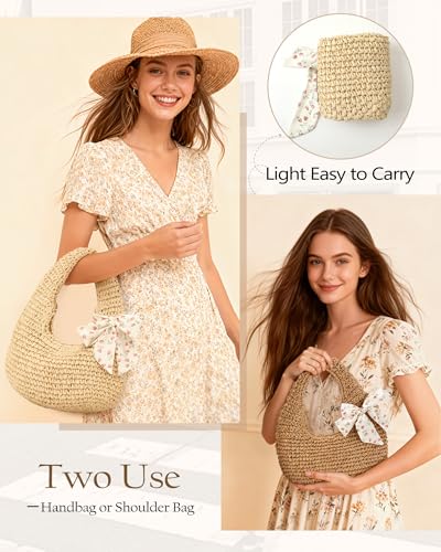 fauson Beach Bags for Women - Handmade Straw Clutch Purses for Women Handbag Zip Closure Tote Bag Lightweight - color: Beige