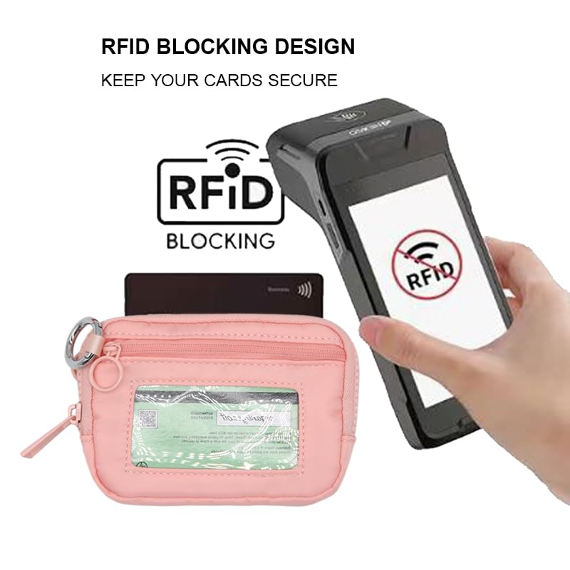 Nylon Wristlet Wallet for Women,Quilted RFID Blocking Small Zipper Coin Purse Keychain Wallet with ID Window Lightweight Travel Wristlet wallet - color: Pink
