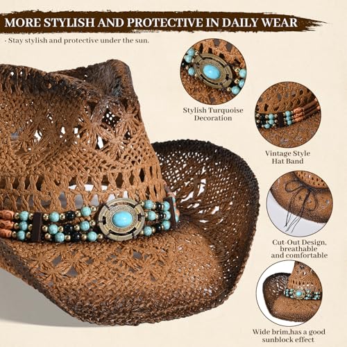 Straw Cowboy Hat for Men Womens Straw Cowgirl Hat Summer Western Cowboy Hats with Wide Brim for Cowgirls and Cowboys - color: Brown 5#