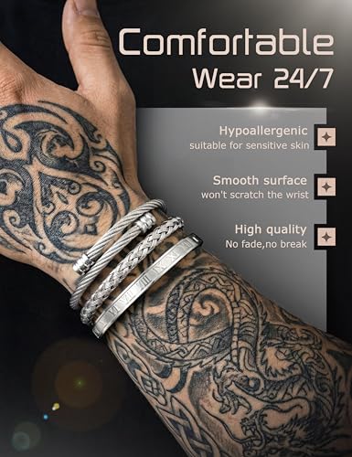 YADOCA 3 Pcs Stainless Steel Bracelets for Men Gold Silver Black Men Bracelet Adjustable Cuff Roman Numeral Bangle Bracelets Mens Luxury Bracelet Set Jewelry Gifts Trendy Gold Accessories - color: B:Silver-1