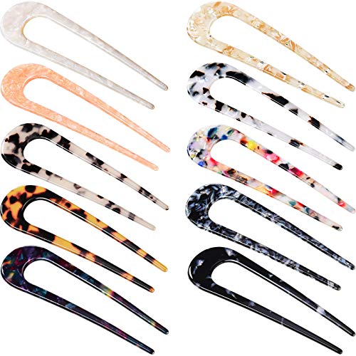 WILLBOND 10 Pcs French Hair Pins for Women U Shaped Hair Forks 4" Small Tortoise Shell Acetate Vintage Hairstyle Sticks Clips for Updo Bun Twist Chignon Fine Long Hairstyle Accessories