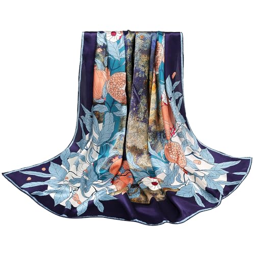 100% Pure Mulberry Silk Scarf 43”*43” Large Square Lightweight Headscarf Women’s Hair Wraps Shawls with Gift Packed - color: Fresh Dark Blue Flowers