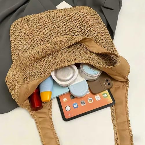 Hand-woven Soft Large Straw Shoulder Bag Boho Straw Handle Tote Retro Summer Beach Bag Rattan Handbag - color: Beige,khaki