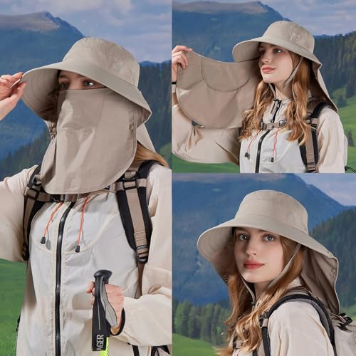 Sun Hat for Men Women with Neck Flap,UPF 50+ UV Protective Hiking Fishing Hats,Wide Brim Sun Hat for Women&Men - color: 1pack-style2-khaki(with Face Cover)