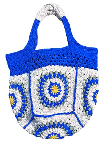 Womens Summer Boho Crochet Beach Tote Bag Handmade Woven Handbag Large Travel Vacation Shopper Straw Purse - color: Royal Blue