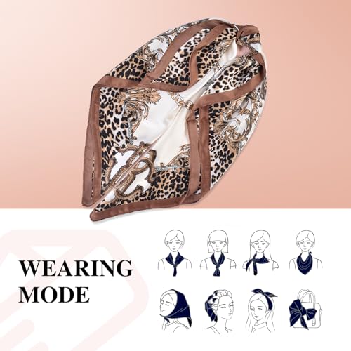 27.5 Inches Silk Head Scarf for Women Satin Hair Scarf Silk Wrap Neck Square Scarves Feeling Scarf Boho Headwear - color: White-leopard Print Chain