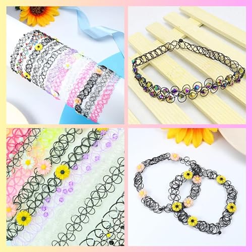 BodyJ4You 24PC Tattoo Choker Necklace - 90s Choker Necklaces Y2K Fashion Trendy Vintage - Daisy Flower Charm Colorful Rainbow Black Goth Pendant - Stretchy Elastic Necklace Summer Gift Set - color: Black, Rainbow, Pink, Purple, Green, Yellow