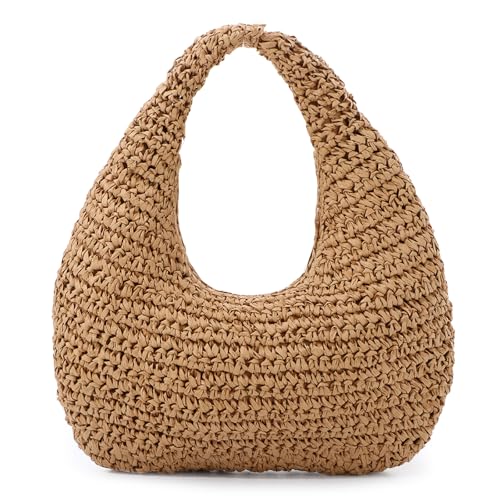 Fecialy Straw Bag for Women Crescent Shoulder Handbag Straw Summer Beach Tote Handbag Raffia Woven Hobo Bag - color: Brown
