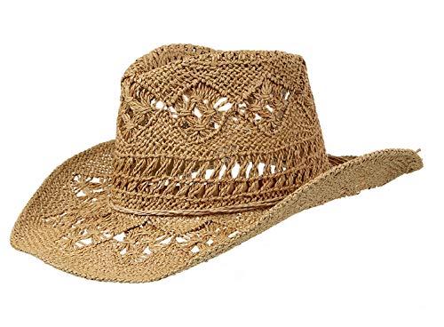 Men & Women's Summer Cowboy Cowgirl Straw Hat Hollow Out Woven Roll Up Wide Brim Sun Hat with Chin Strap - color: Camel