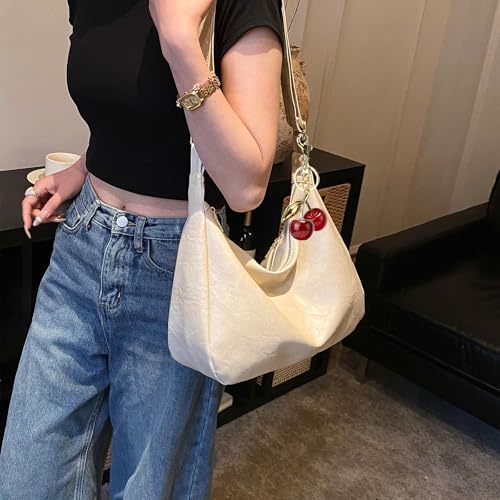 Hobo Bags for Women Leather,Foldable Slouchy Shoulder Purse Crossbody Handbag,Soft Vegan Brown Tote Casual Everyday Handbags - color: Wy22 Upgraded White