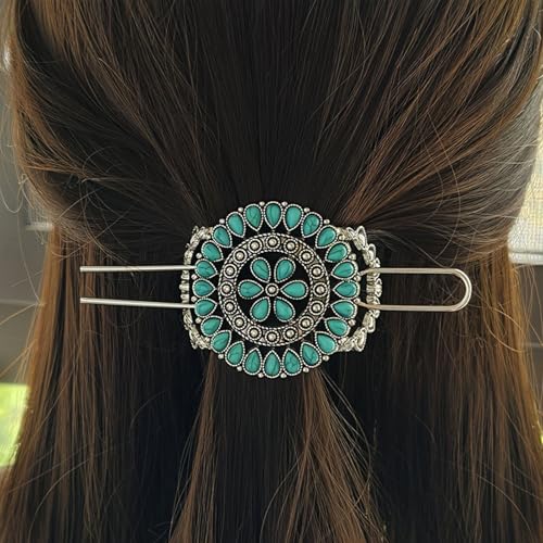 1 Pack Turquoise Flower Hair Clip Metal Hair Sticks Hair Barrettes Blue Stone Hairpin for Women Accessories - color: Green