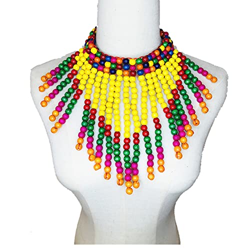COLORFUL BLING Boho African Wooden Beaded Bib Statement Choker Necklace Long Multi Strand Chunky Layered Collar Tassel Necklace for Women Handmade Jewelry - color: colorful set