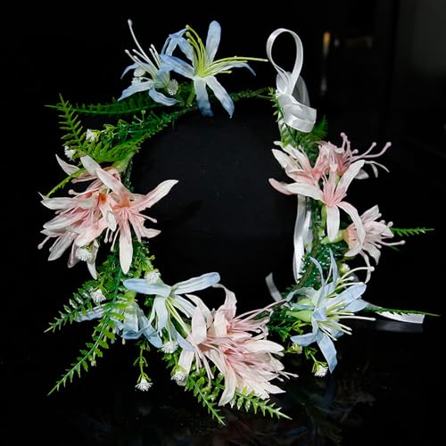 Boho Floral Crown for Women– Adjustable Faux Silk Flower Headband, Handmade Wedding Hair Accessory for Festivals & Photoshoots, Flower Hair Crown for Women (Pink Blue Flower Leaf, Adjustable) - color: Pink Blue Flower Leaf