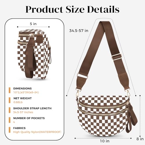 Spacious Nylon Checkered Crossbody Bum Bag for Women, Fashion Checkerboard Fanny Pack Purse with Anti-theft Pocket, Adjustable Wider Strap Wasit Bag (White-Brown) - color: White-brown