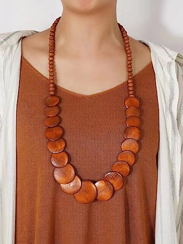 COLORFUL BLING Natural Chunky Wooden Beads Statement Necklace Boho African Tribal Collar Choker Bib Necklace Hippie Vacation Jewelry for Unisex Men Women - color: long brown