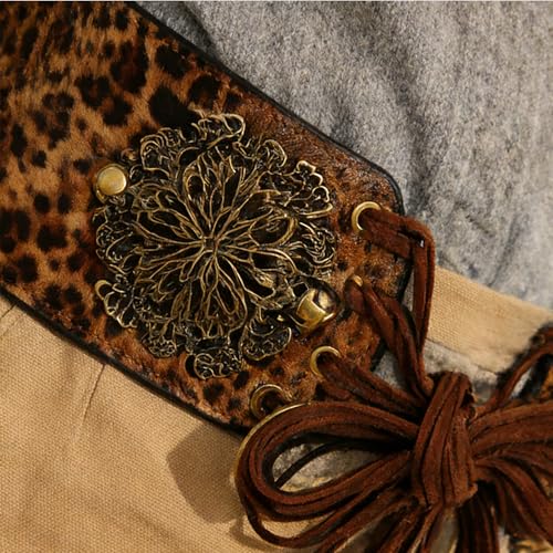 Women's Vintage Disc Renaissance-Corset-Belt 3.15" W Western Suede-Cinch-Belts w/Tassel-Closed for 25-40in Waist - color: Dark Khaki-leopard