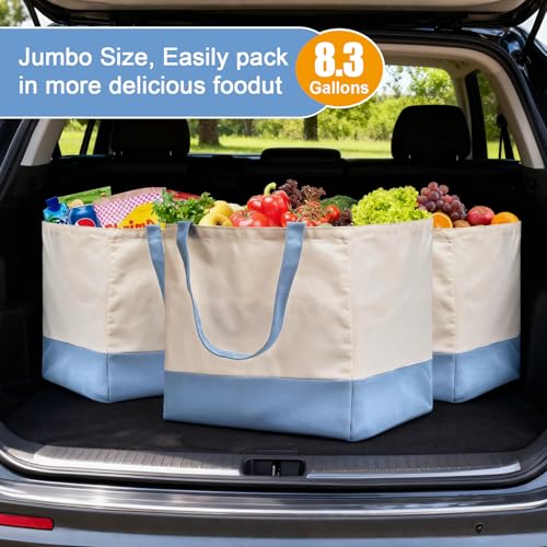 Reusable Grocery Bags Heavy Duty, 8.3 gal Foldable Large Canvas Tote Bag with Handles, Holds 60 lbs Canvas Shopping Bags, 3 Pack（Off White+Light Blue） - color: [A1] Off White / Light Blue, size: 3 Pack