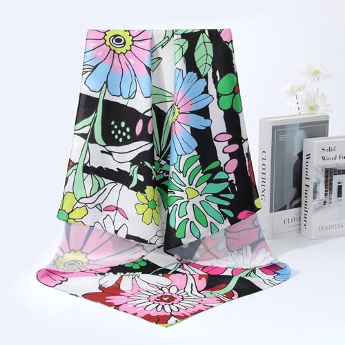 AWAYTR 35” Silk Scarf for Women Large Head Scarf Square Hair Scarf Satin Hair Bandana Printed Silk Sleeping Head Wrap - color: Cartoon Flower(white&black)