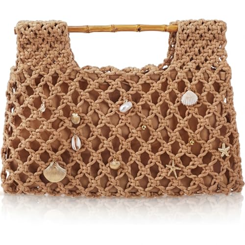 Women Crochet Woven Mesh Handbag Summer Seaside Beach Vacation Straw Tote Purse Wedding Party Gift - color: Brown
