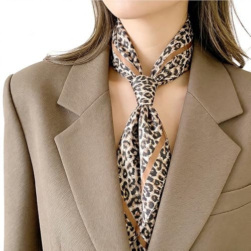 Women's Silky Satin Large Head Scarf Leopard/Paisley Neck Scarves Square Hair Wrapping Sleeping Bandana 35in - color: Coffee-leopard-s
