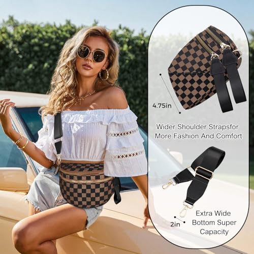 Spacious Nylon Checkered Crossbody Bum Bag for Women, Fashion Checkerboard Fanny Pack Purse with Anti-theft Pocket, Adjustable Wider Strap Wasit Bag (Black-Brown) - color: Black-Brown
